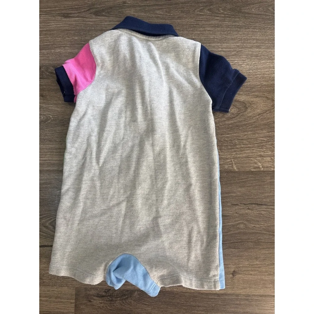 Ralph Lauren Baby Boy Colorblock Crest Polo Romper 9M Multi‎ Color Short Sleeve